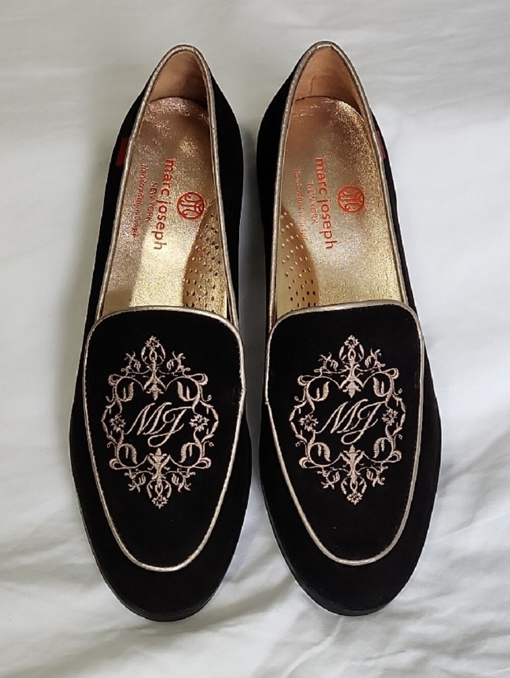 Marc Joseph Black Nobuck Loafers with Gold Embroidered MJ Crest Womens 7.5 M